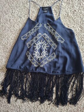 Rue21 Navy Halter Fringe Crop Top with Cream Embroidery